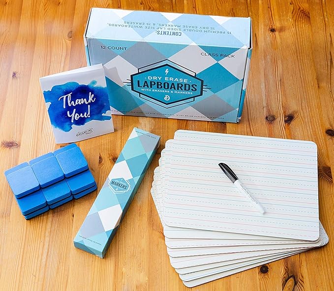 Double Sided Dry Erase Small White Board with Lines (12 Boards + 15 Pens/Erasers) - 9x12 Inch for Kids Lapboard, Mini Whiteboard, Students & Classroom