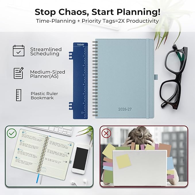 Planner 2026-2027 Daily Weekly and Monthly,8.5"x6.5",18 Months Spiral Bound Calendar Agenda with Self-adhesive Pen Holder,2026 Academic Plan with Vegan Leather Soft Cover,Dusty Blue