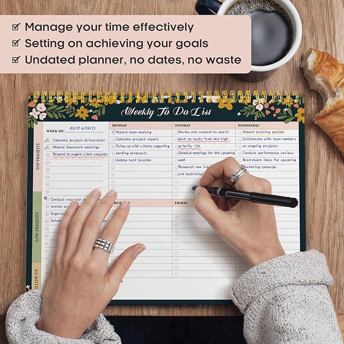 Taja Weekly To Do List Notepad with 52 Undated Sheets（8.5"×11"）- Weekly Desk Planner for Women & Man, Work and Home - 1 Pack Rustic Floral