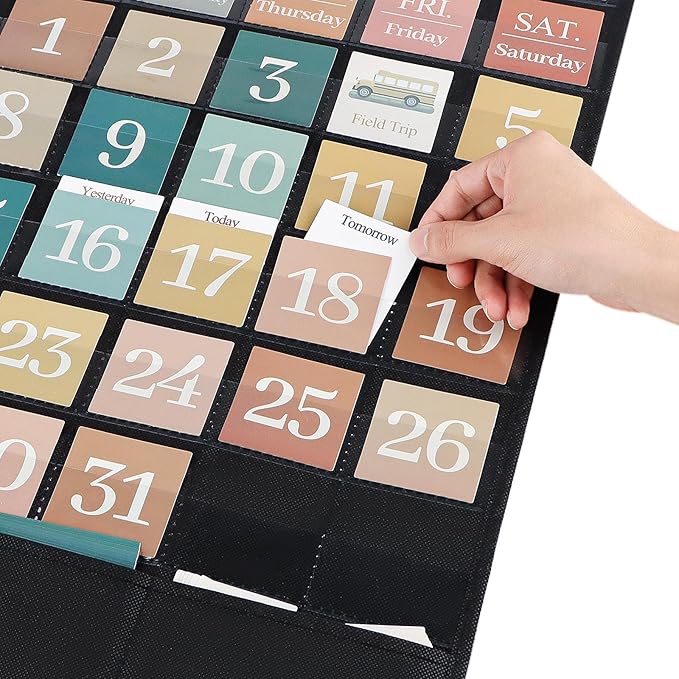 Boho Calendar Pocket Chart for Classroom Cards Add-On School Supplies Teacher Decorations Bulletin Board Pre-K To 6th Grade, Black-2