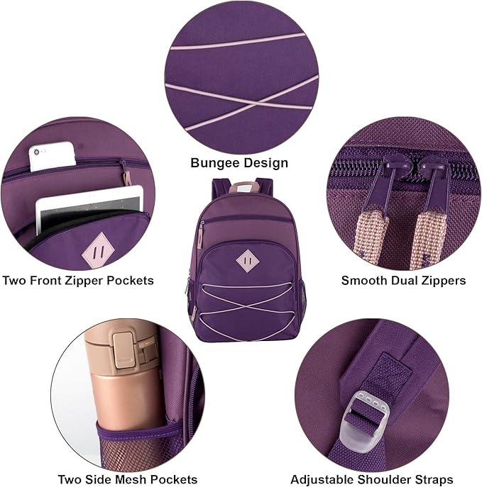 Summit Ridge Backpacks with Bungee Cord Front | 17” Multi Pocket Backpack for Adults, College, Travel (Purple/Lilac)