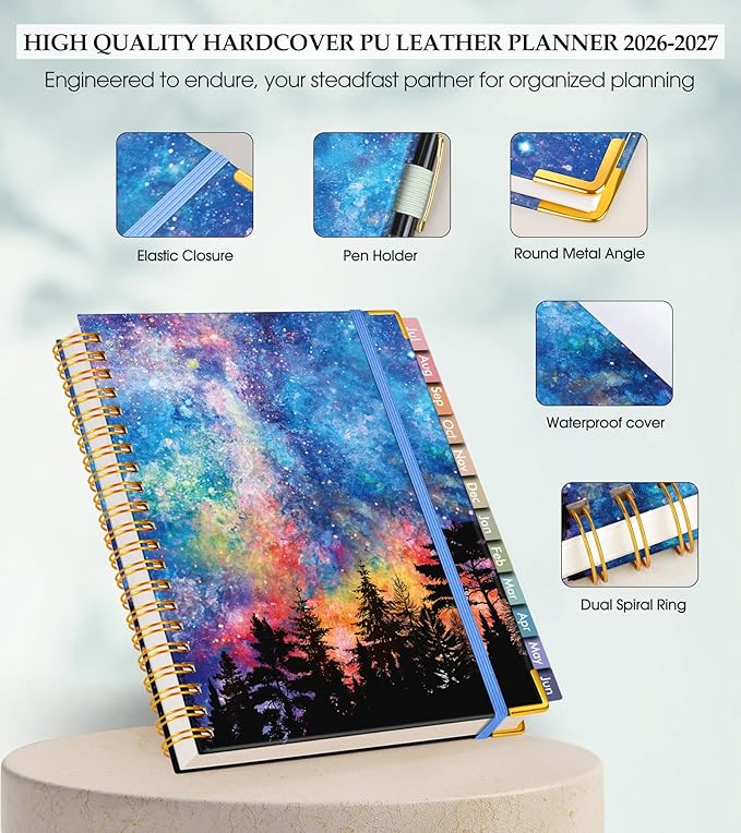Academic Planner 2026-2027, Hardcover Leather Weekly and Monthly Calendar Planner from July 2026 - June 2027, A5 6.1" x 8.2" Daily Agenda with Tabs, College School Organizer for Student Teacher, Forest Under a Starry Sky