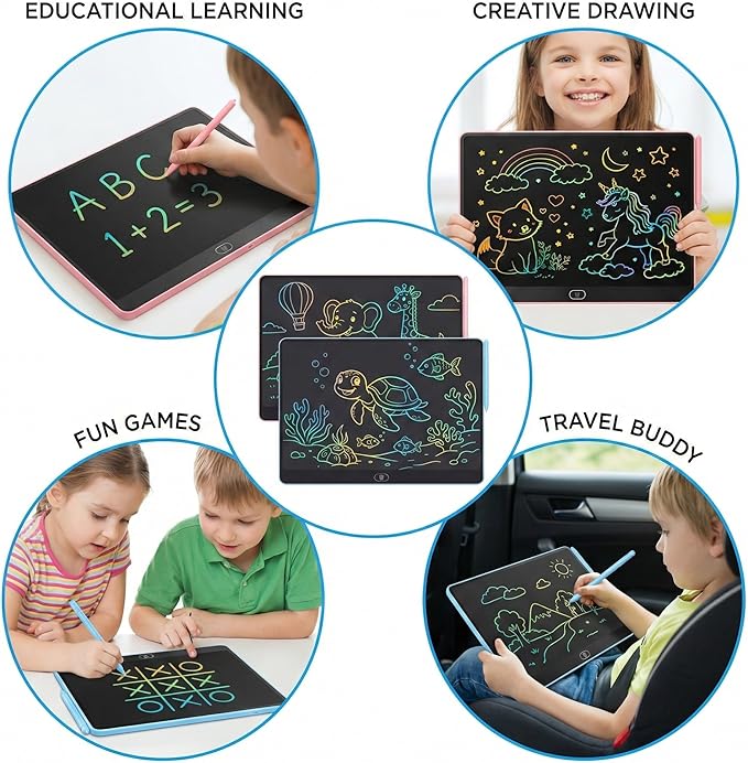 16 Inch LCD Writing Tablet for Kids 2 Pack, Large Drawing Board Doodle Pad, Colorful Screen Erasable Sketch Tablet, Travel Toys and Reusable Learning Gift for Boys Girls（Blue & Pink