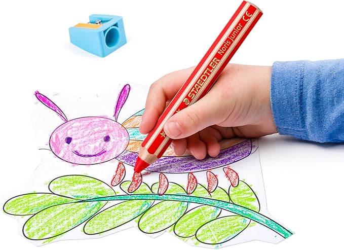STAEDTLER Noris Junior 3-in-1 Jumbo Coloring Pencils: 12 Count - Colored Pencil, Wax Crayon, & Watercolor Pencil All In One, Toddler & Preschool Art for Ages 2+, With Sharpener, Non-Toxic, Easy Grip