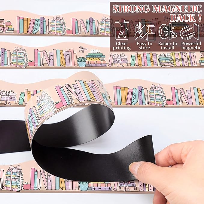 Tellegloww 36 ft Scalloped Magnetic Border Magnetic Border for Whiteboard Bulletin Board Borders Reusable Rolled Borders Trim for Office Chalkboard(Colored Books)