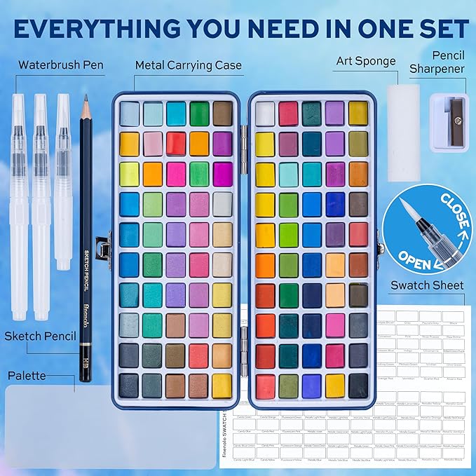 Finenolo 100 Colors Watercolor Paint Set with Metallic, Macaron & Fluorescent Colors-Professional Grade Watercolor Paints for Artists, Beginners & Illustrators, Ideal for Blending, Layering & Creative Artwork