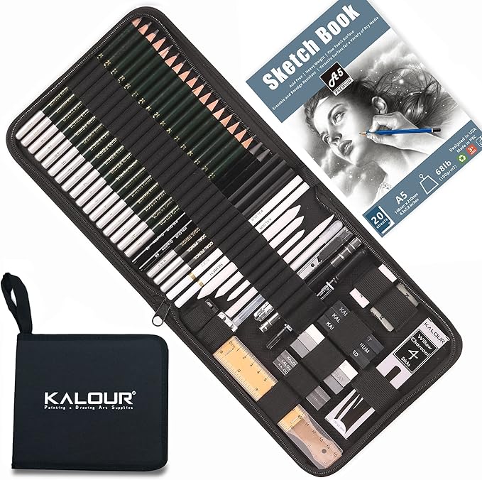 KALOUR 54-Pack Sketch Drawing Pencils Kit with Sketchbook,Include Graphite,Charcoal Pencils and Artists Tools,Pro Art Drawing Supplies for Adults Beginners,ideal for Sketching Shading