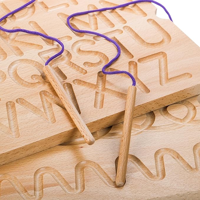 Number & Letter Tracing Board, Portable Wooden Alphabet Learning Sensory Pad Board Montessori Toys for Kids Age 3-5, Double Sided Writing Tools for Beginner Preschool Classroom 3+ Years Old