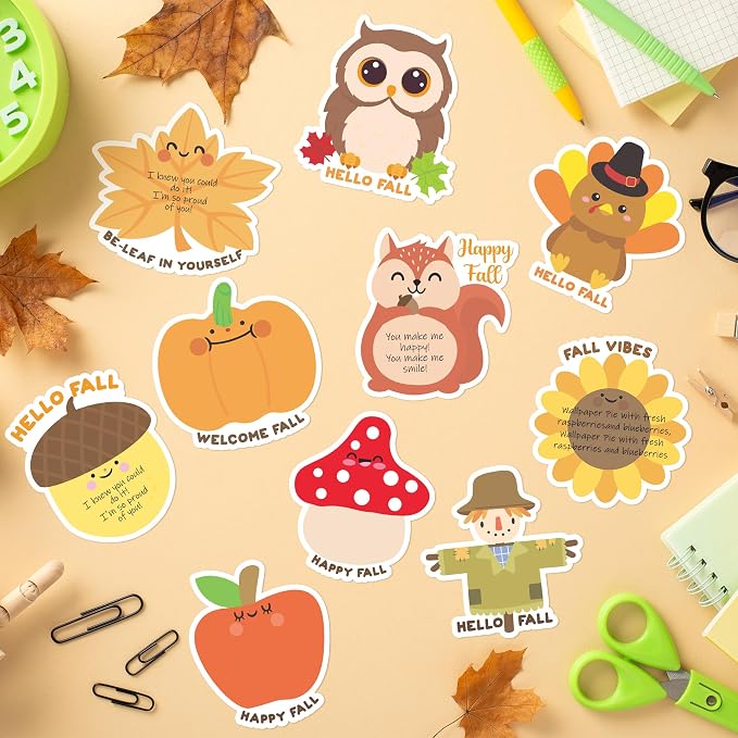 Xqumoi 30 Pack Welcome Fall Sticky Notes - Total 600 Sheets - Thanksgiving Turkey Pumpkin Scarecrow Self Sticky Writing Memo Pads for Autumn Party Favors Office School Supplies Goodies Bag Filler