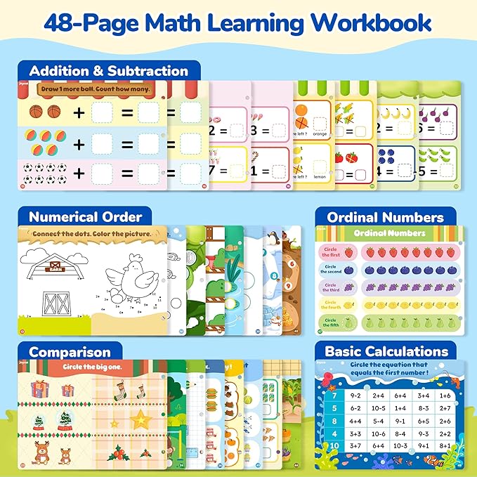 JoyCat Math Busy Book for Toddlers — Reusable Preschool Workbook with 10 Dry-Erase Markers, Number Tracing & Counting Activity Book for Kids Ages 3–8, Kindergarten Learning Activities, Travel-Ready