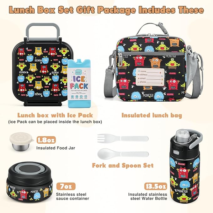 Bento Lunch Box for Kids with 7oz Soup Thermo,Insulated Stainless Steel Kids Water Bottle with Straw and Insulated Lunch Bag,Leak-Proof Lunch Food Container with Ice Pack for School (Black-Cute)