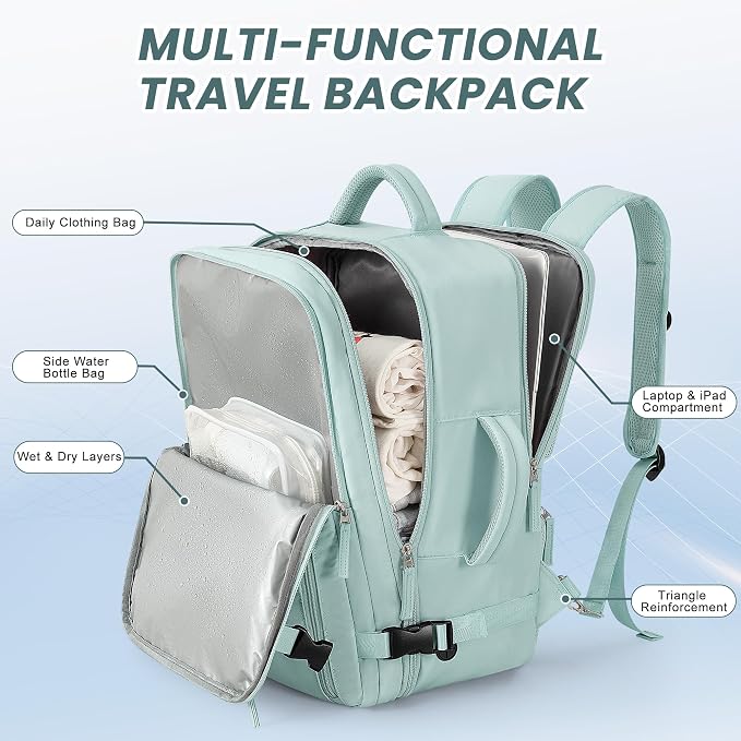 Beraliy Travel Backpack for Women, TSA Carry On Backpack Airline Approved | 16 Inch Laptop Waterproof Hiking Backpack, Casual Outdoor Daypack Bag for College Weenkender Business, Mint Green