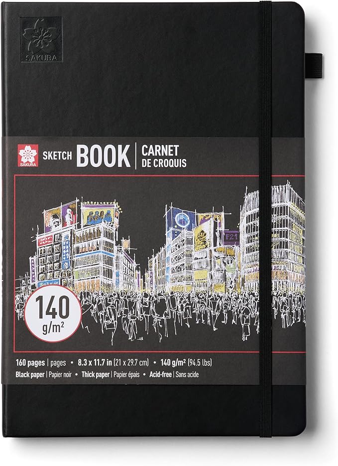 Sakura Sketchbook A4 - Drawing Sketchbook for Visual Journaling, Effortless Sketching & Personal Use - 140 GSM Paper - Hardcover Hardcover - 160 Pages - 8.3 x 11.7" - Black - Black Paper