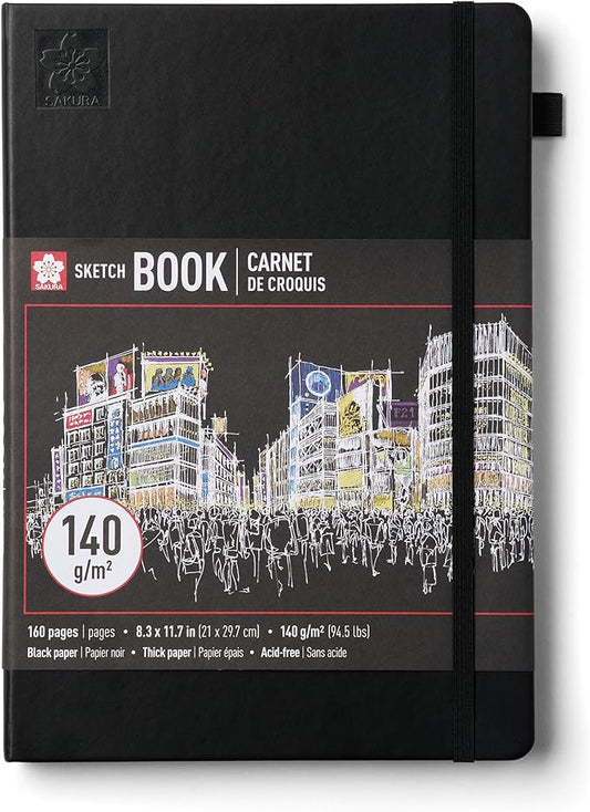 Sakura Sketchbook A4 - Drawing Sketchbook for Visual Journaling, Effortless Sketching & Personal Use - 140 GSM Paper - Hardcover Hardcover - 160 Pages - 8.3 x 11.7" - Black - Black Paper
