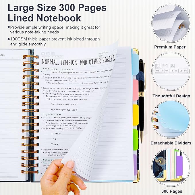 Spiral Journal Notebooks for Work, 300 Pages 5 Subject Notebook College Ruled with Dividers & Tabs, Notebook Journal for Women Students Note-Taking and Organizer (Navy Marble, 8.5''x 11'')