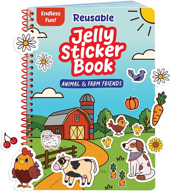 Reusable Jelly Sticker Book - Farm, 7 Scenes - 50 Thick Washable Stickers for Toddlers & Kids: Animals Stickers for Kids, Gift for Ages 3-5 Years Old - Toddler Travel Toys 2-4, Road Trip Activities