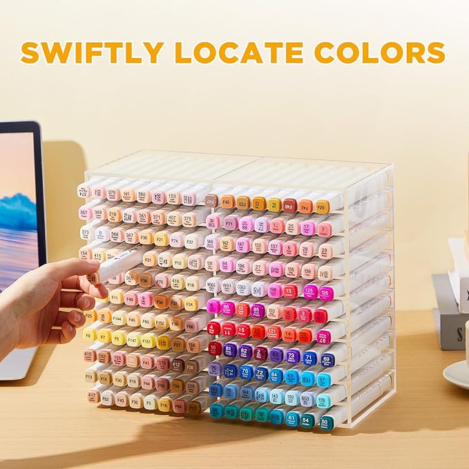 MotiMind Acrylic Marker Organizer for 176 Marker, Large Art Pencil Holder Storage Rack for Desk, Pens Art Brushes Display Stand with 22 Compartments for Desktop, Office (Clear, 176 Capacity)