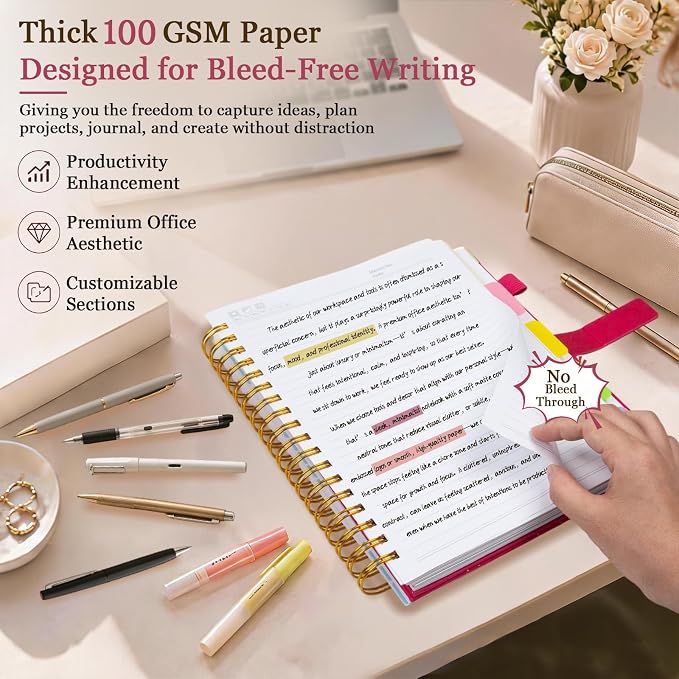 Spiral Notebook Journal 8''x 10'' 5 Subject Notebook with Dividers, 300 Pages Notebook College Ruled with Magnetic Closure, B5 Tabbed Notebooks for Work School, Sparkle Journal for Women (Rose Red)