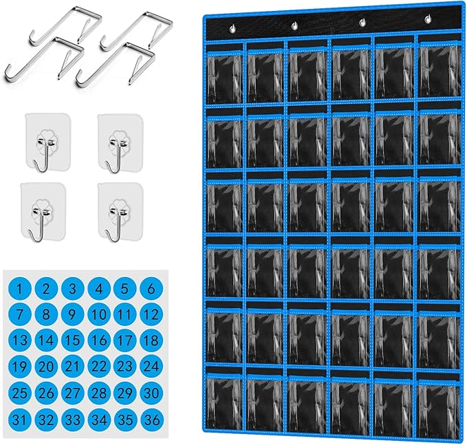 Kotkn 36 Pocket Charts for Classroom Cell Phones, 36 Clear Pocket Charts with Numbered Stickers, Classroom Hanging Cell Phone Organizer, Hangs on Wall, Door Storage Hooks (Black)