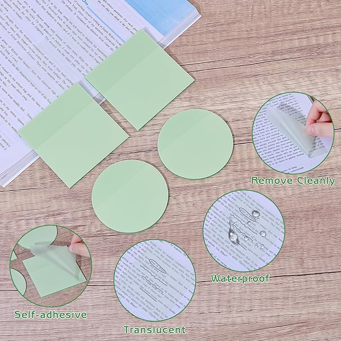 1100 Sheets Transparent Sticky Notes, Clear Waterproof 3 x 3 Sticky Notes with Pen, Translucent See-Though Note Tabs for Bible Study Book Annotation Kitchen Reminder (Green)
