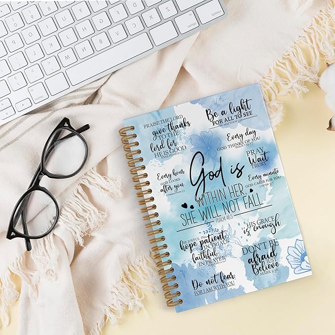 QLMX Blue Christian Spiral Notebook, God Is Within Her She Will Not Fall Journal Notebook, Bible Verse Notebooks for School Work, Inspirational Religious Office Supplies Gifts, 5.5x8.3Inch