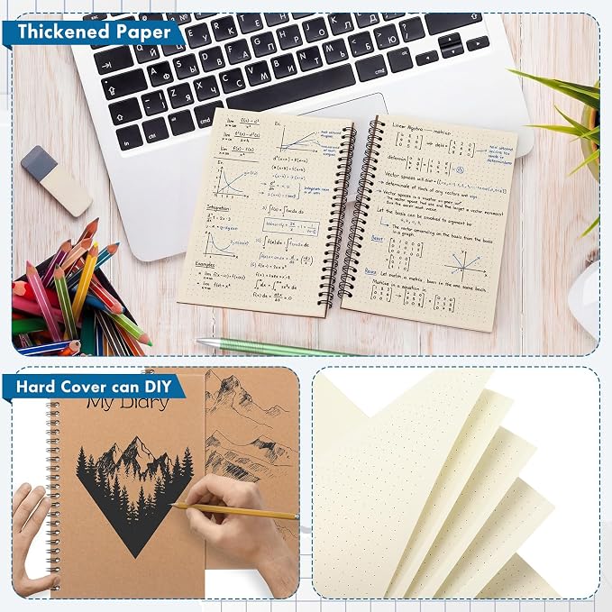 Epakh 6 Pack Spiral Notebooks A5 Bulk Back to School Hardcover Spiral Journal Notebook 5.5 x 8.3 Inch, First Day of School Journal Paper Notebook for Writing, 50 Sheets 100 Page (Dotted,Brown)