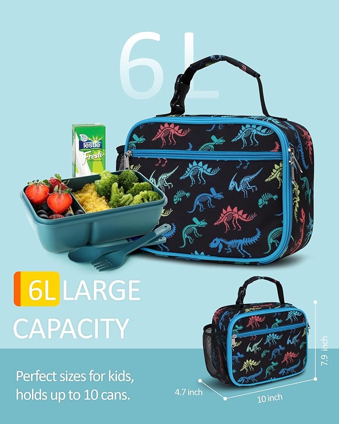 Bagseri Kids Lunch Bag Boys - Thermal Insulated Lunch Box Tote with Water Bottle Holder, Reusable Leak-Proof Kids Lunch Box for Daycare & School, Black Dinosaur Fossil (Containers Not Included)
