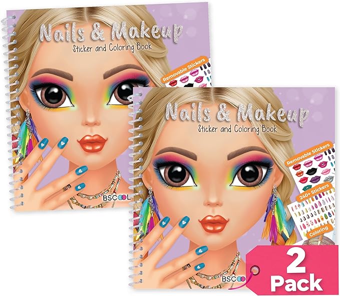 BSCOOL Nails & Makeup Sticker and Coloring Book for Girls Ages 4+ – 2 Pack – 240+ Removable Stickers – Nail Design & Makeup Activity Book – Creative Birthday Gift for Kids