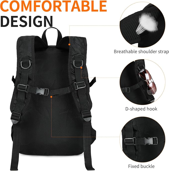 Small Hiking Backpack 35L Travel Lightweight Hiking Packable Daypack Water-Resistant Foldable Backpacks for Women Men Camping (Black)
