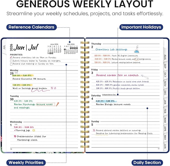 Planner 2026-2027, Academic Year Monthly and Weekly Calendar Planner, Jul 2026 - Jun 2027, Hardcover Teacher Student Planning Agenda book with Tabs, Perfect for School Office Supplies, 8.5" x 11" - Lavish Bloom