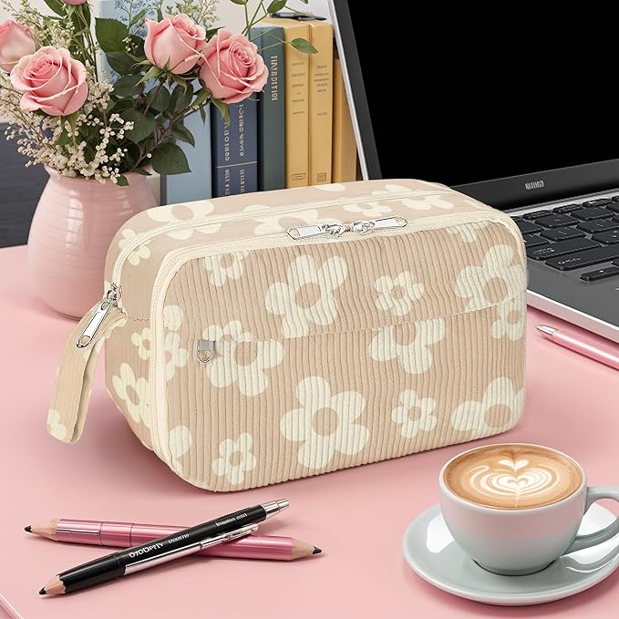 WOBAGMEN Cute Pencil Case,Large Corduroy Zippered Pencil Case Pouch, aesthetic Pencil Bag with Compartments, Pencil Pouch School Supplies (HY-corduroy pc-brown floral)