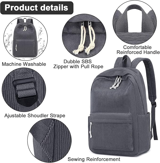 BTOOP School Backpack for Teens Large Corduroy Bookbag Lightweight 15.6 inch Laptop Bag for Girls Women Casual High School College
