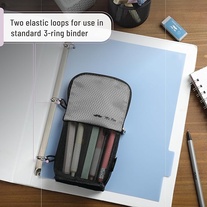 Mr. Pen- Standing Pencil Case Pouch, Sit & Lay Mesh-View Design, Black & Gray, Interior Pocket & 2 Elastic Binder Loops, Cute Pencil Case for Girls and Boys