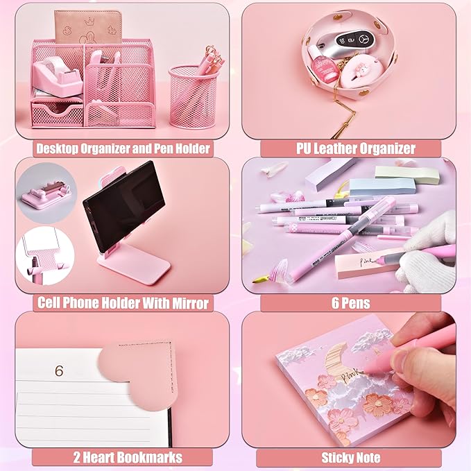 Pink Desk Accessories, 24Pcs Pink Office Supplies and Desk Organizers, with Tape Dispenser, Stapler, Staple Remover, Ect, Gift Box Packaging