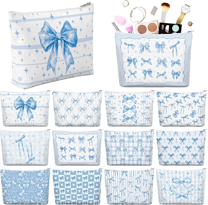Reginary 12 Pcs Blue Bow Makeup Bags Coquette Bow Cosmetic Bags with Zippers Coquette Party Favors Blue Aesthetic Elegant Pouch Bulk Gifts for Women Stuff Christmas Birthday Supplies Travel Accessory