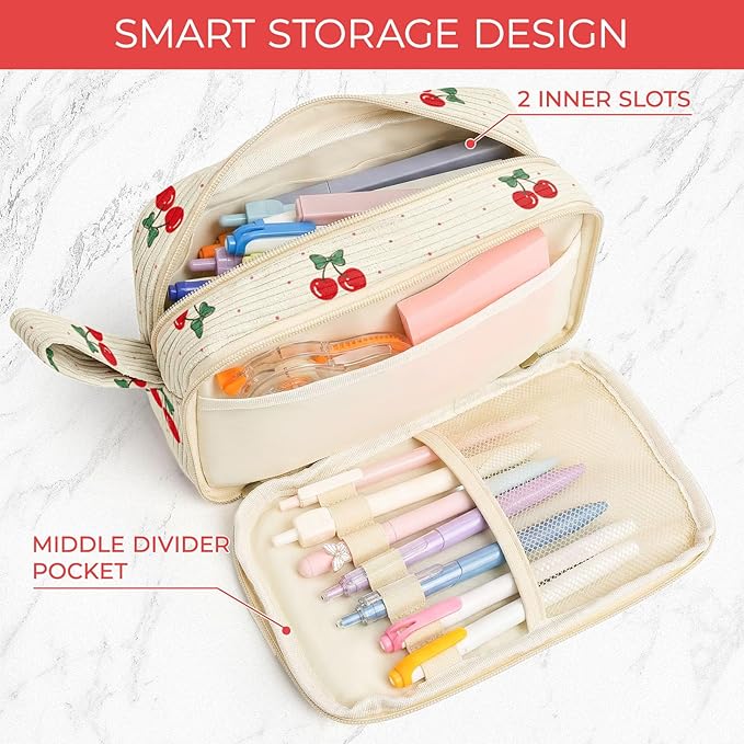 WOBAGMEN Cute Pencil Case,Large Corduroy Zippered Pencil Case Pouch, Aesthetic Pencil Bag with Compartments, Pencil Pouch School Supplies (Cherry Polka Dots)