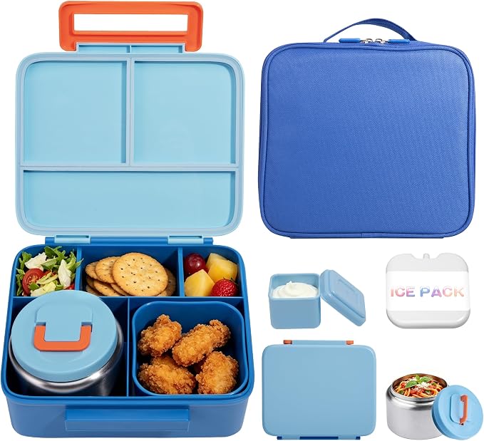Bento Lunch Box for Kids with 8oz Soup Thermo Leak-Proof Lunch Food Containers with Snack Sauce Container for Kid Girls Boys to School,Blue Bag