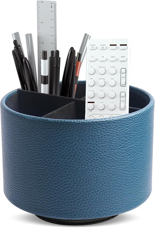 Round Leather Art Supply Organizer,Remote Control Holder,360 Degree Spinning,Multi-Functional Pencil Holder,4 Compartments Desktop Stationary Organizer(1-Lichee Green)