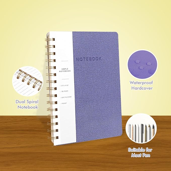 Spiral Notebook-5.75" x 8.125" College Ruled Journal with Inner Pockets and 160 Pages,PU Leather Cover Business Journal, Twin-Wire Binding Notebook Perfect for Office & Home School Supplies 3 pack Violet ReefBlue Grey