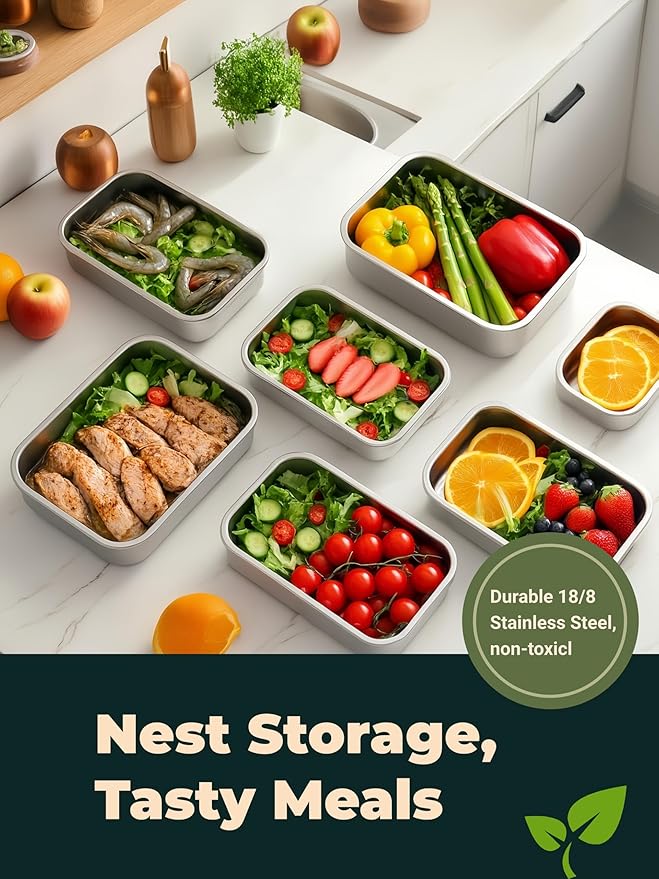 Stainless Steel Food Storage Containers with Leak-Proof Latching Lid, Reusable Bento Lunch Box for Snacks & Meal Prep, Oven/Dishwasher/Freezer Safe, Silver, Combo(22/44/82oz)