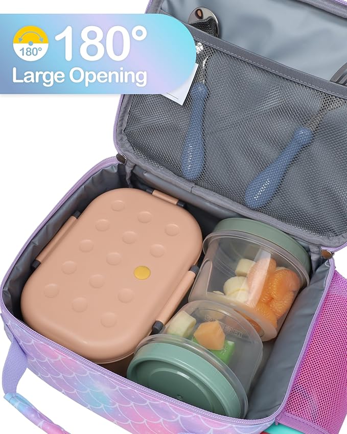Bagseri Kids Lunch Bag Girls - Thermal Insulated Lunch Box Tote with Water Bottle Holder, Reusable Leak-Proof Kids Lunch Box for Daycare & School, Glitter Purple Mermaid (Containers Not Included)