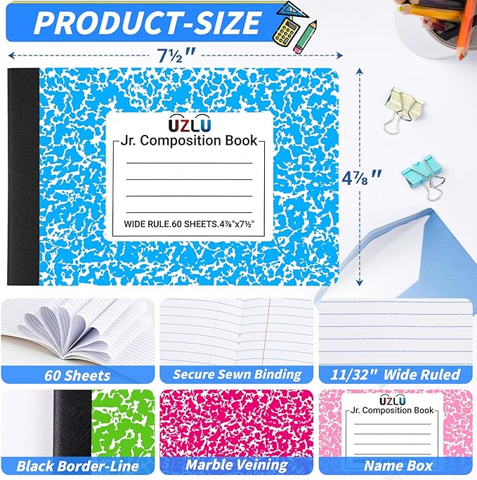 36 Pack Composition Notebooks Bulk Wide Ruled 4-7/8"x 7.5" Half Size Composition Books 60 Sheets Mini Notebook 12 Color Small Pocket Marble Journal Books for Students College Office Back to School Supplies