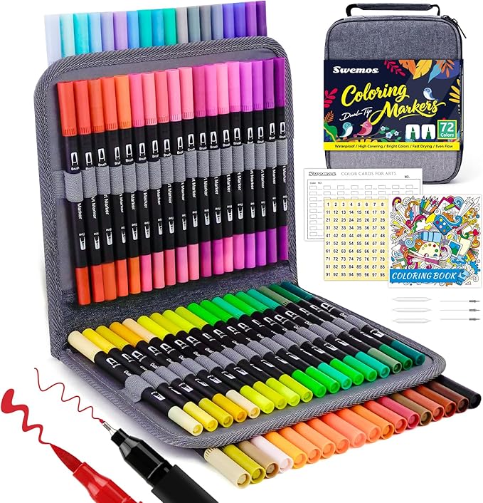 Swemos Markers for Adult Coloring Book, 72 Colors Art Markers Set Dual Tip Brush Pen, Coloring Markers Fine Point Artist Drawing Paintings Diaries Journaling Art projects Art Supplies with Case