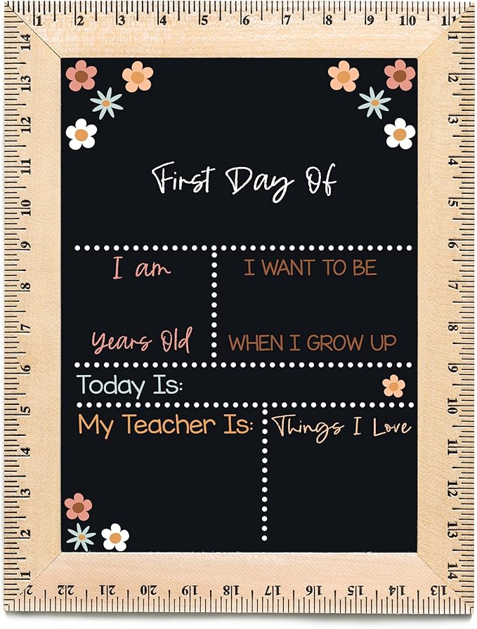 Bloom Owl First Day of School Chalkboard Sign - 11.5"x15" Reusable Back to School Photo Prop with Wooden Ruler Frame for Preschool, Kindergarten, and Beyond (Earthy Flowers)