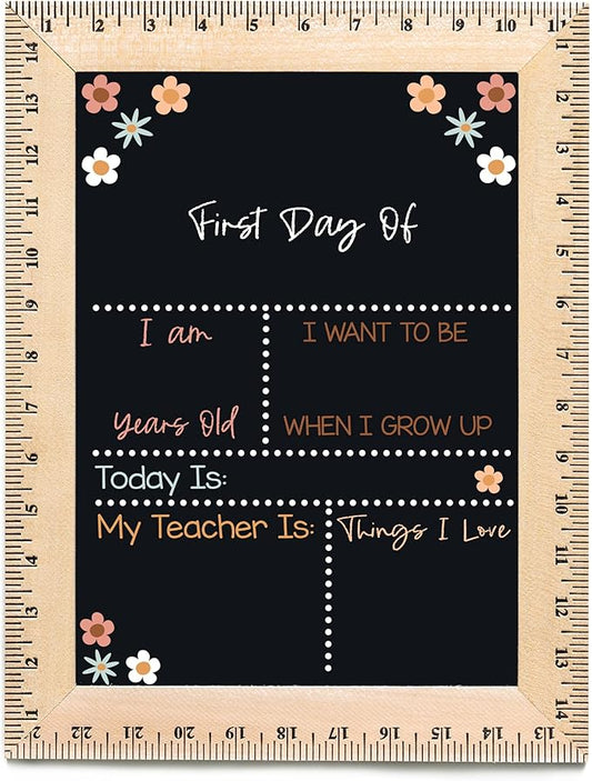 Bloom Owl First Day of School Chalkboard Sign - 11.5"x15" Reusable Back to School Photo Prop with Wooden Ruler Frame for Preschool, Kindergarten, and Beyond (Earthy Flowers)
