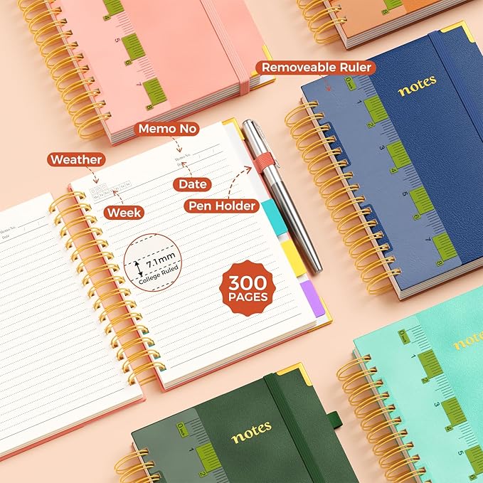 XYark A5 Hardcover Spiral Notebook, 6.3"x8.5" College Ruled Notebooks with Removable Dividers Tabs & Ruler, 5 Subject Notebook 300 Pages, Small Lined Journal for Women Men School Work Office, Blue