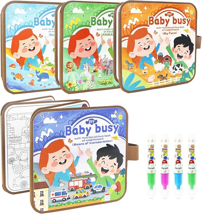Smilo 4 Pack Magic Water Coloring Book for Kids, Reusable Mess-Free Painting Set with Alphabet, Numbers, Animal Themes, Fun Educational Sorting Game for Fine Motor Skills, Travel Gifts for Boys Girls