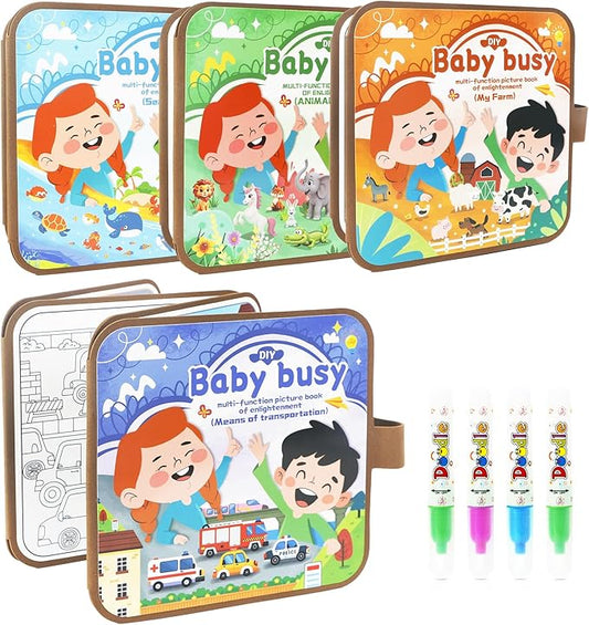 Smilo 4 Pack Magic Water Coloring Book for Kids, Reusable Mess-Free Painting Set with Alphabet, Numbers, Animal Themes, Fun Educational Sorting Game for Fine Motor Skills, Travel Gifts for Boys Girls