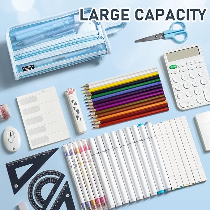 Four Candies Grid Mesh Pencil Case with Handle and Zipper, Clear Double-layer Pencil Pouch Marker Pouch, Travel Makeup Bag, Cute Transparent Stationary Organizer Pen Bag for Adult Office College | Smooth Zipper, Transparent Pencil Pouch, Cute Stationar...