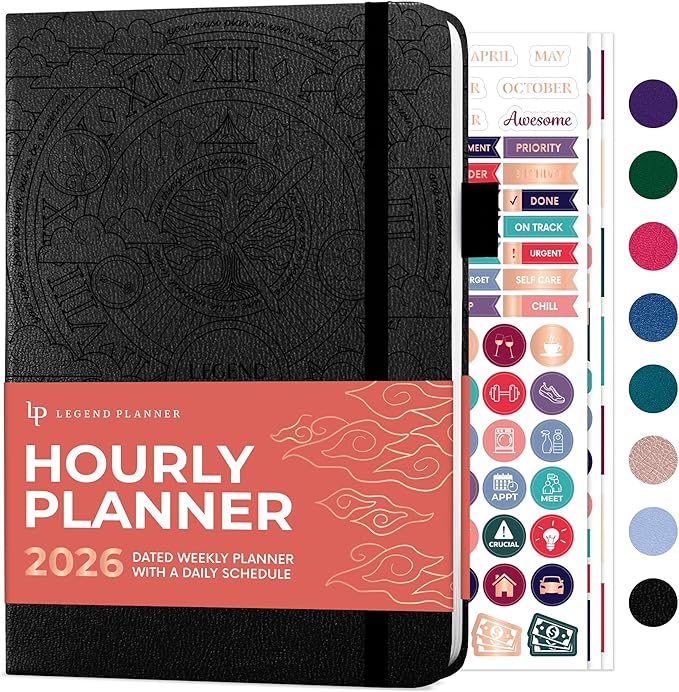 Legend Dated Hourly Weekly Planner 2026 – Daily, Monthly & Yearly Agenda with Time Slots – Hardcover Organizer Journal, 5.8x8.3” (Black)